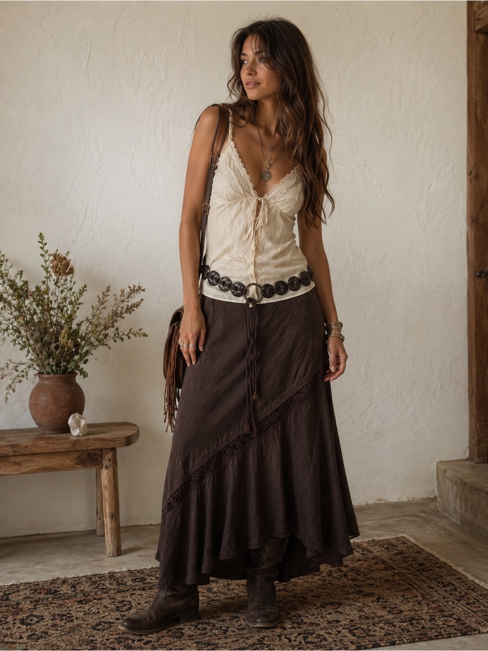 Vintage Y2K Bohemian Gem Brown Statement Belt with Tassel | S